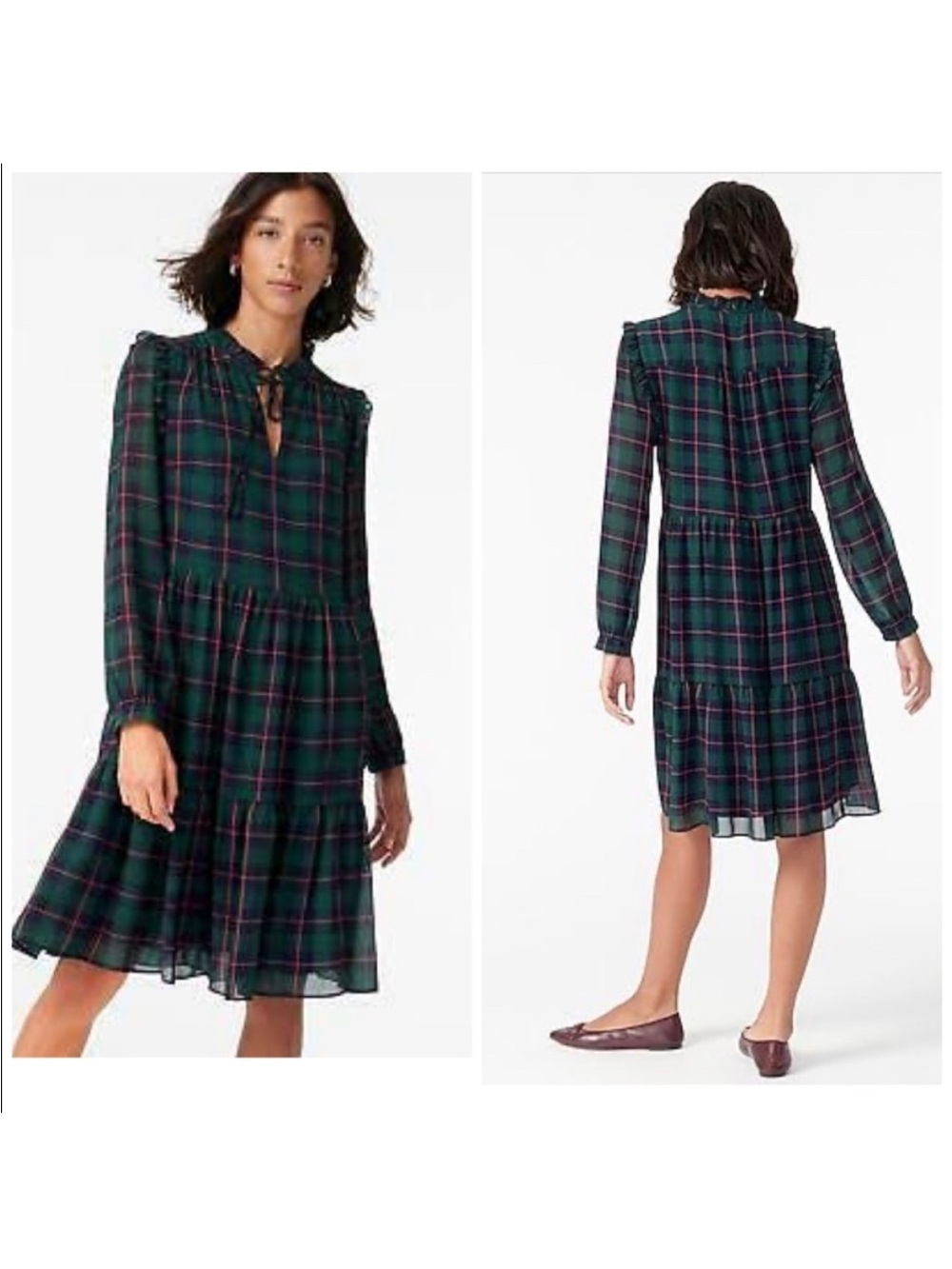 J.CREW Tie-neck tiered dress in Black Watch tartan